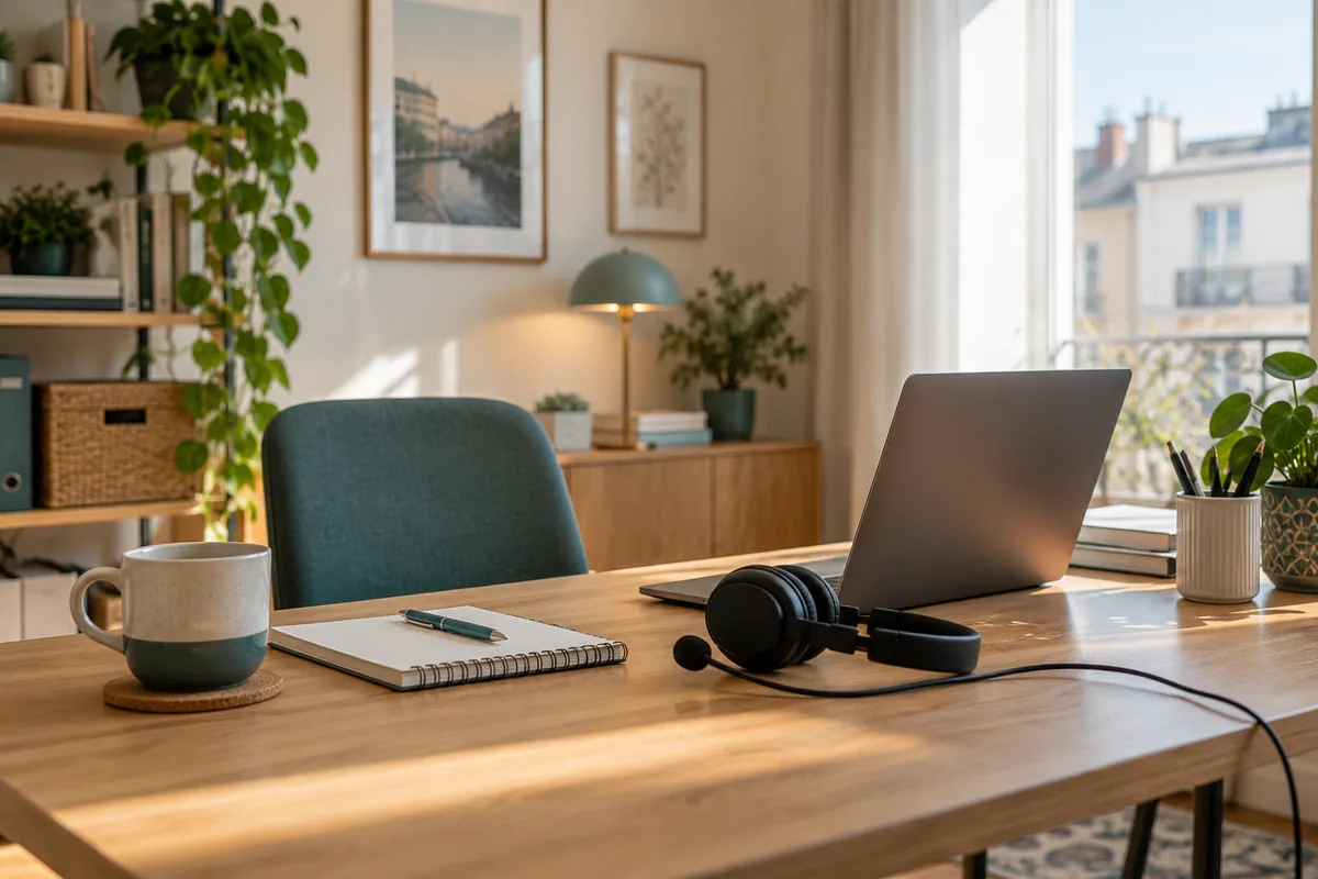 Laptop, Headset und Notizbuch auf einem aufgeräumten Arbeitsplatz
