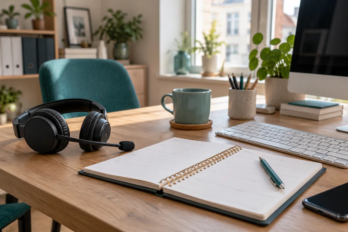 Headset, Tastatur und offener Wochenplaner auf einem Schreibtisch