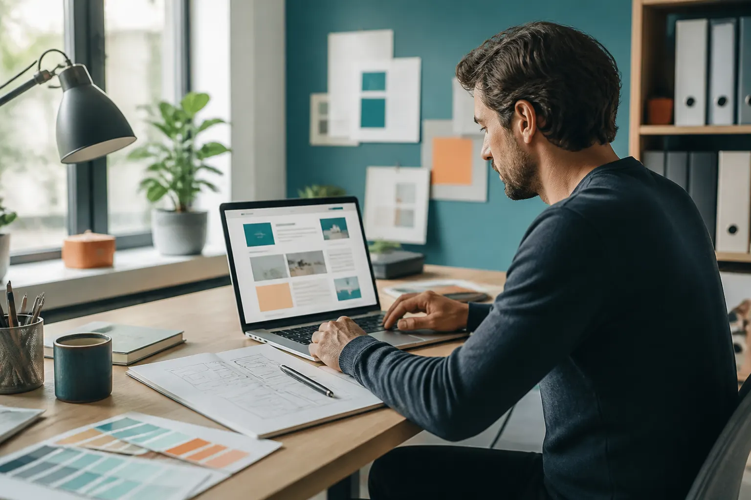Webdesigner plant eine Website und sein Geschäftsmodell am Laptop