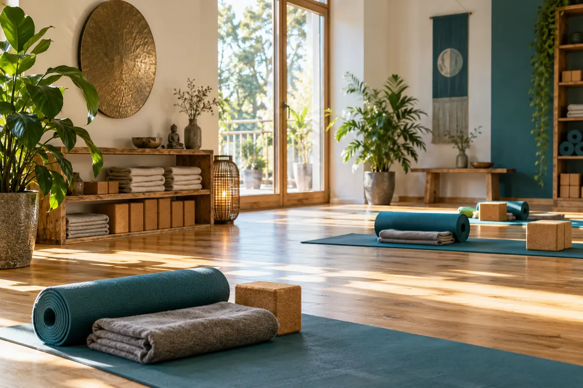 Yogamatten, Korkblöcke und Decken in einem hellen Yogaraum