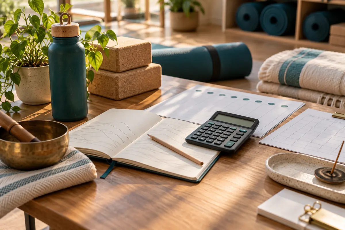 Taschenrechner und Planungsunterlagen für Yogalehrer